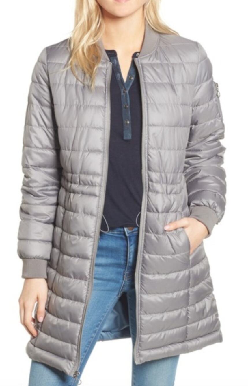 Kenneth Cole Jacket NY Quilted Puffer WMNS L Gray Long Coat Full Zip Winterwear